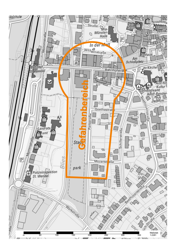 Gefahrenbereich der Fliegerbombe, eingezeichnet auf einer Landkarte