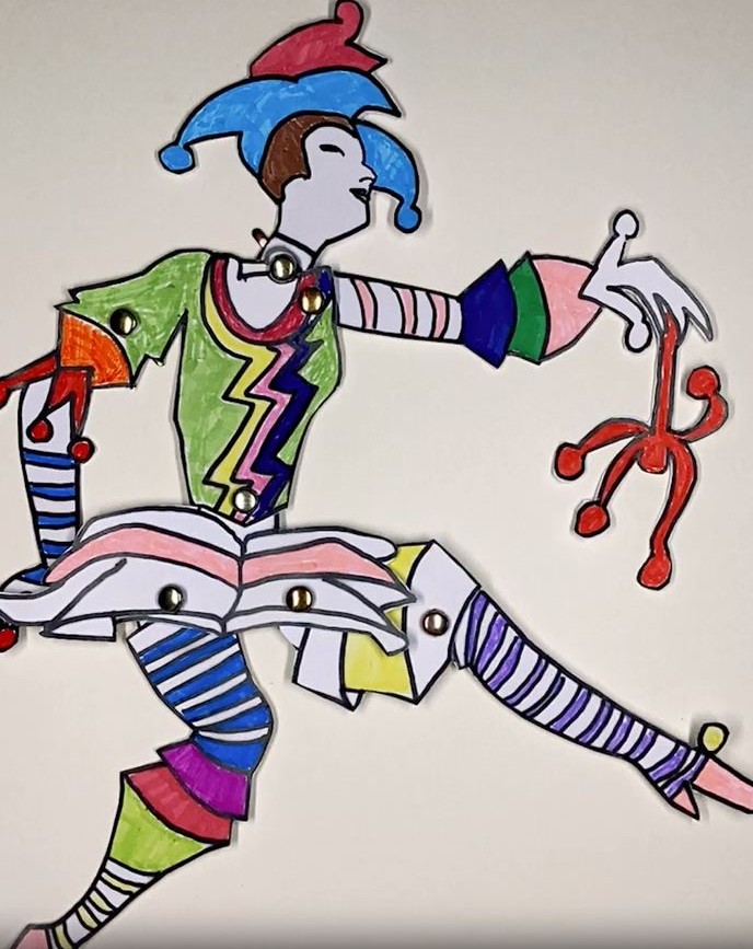 Bewegliche Stabpuppe, inspiriert von einem Kost&uuml;mentwurf der K&uuml;nstlerin Mia M&uuml;nster